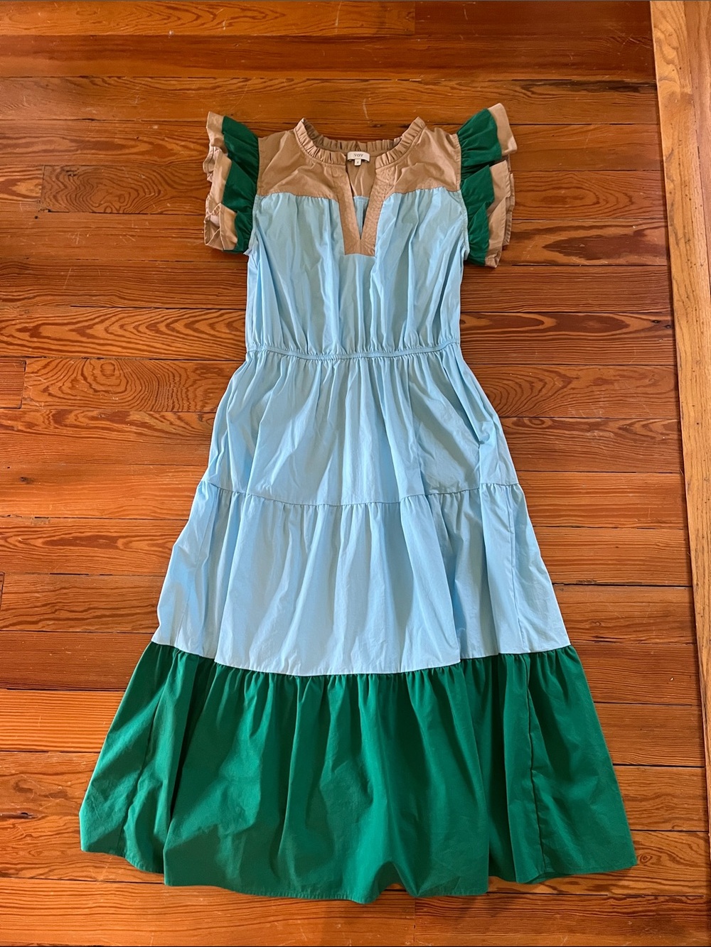 Colorblock Tiered Midi Dress in Sky Blue, Kelly Green & Tan